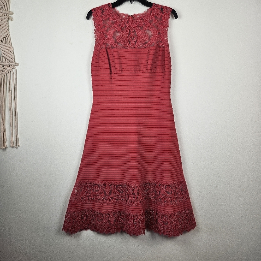 Tadashi Shoji Corded Embroidery on Tulle Pintuck Boatneck Dress M - Picture 2 of 9
